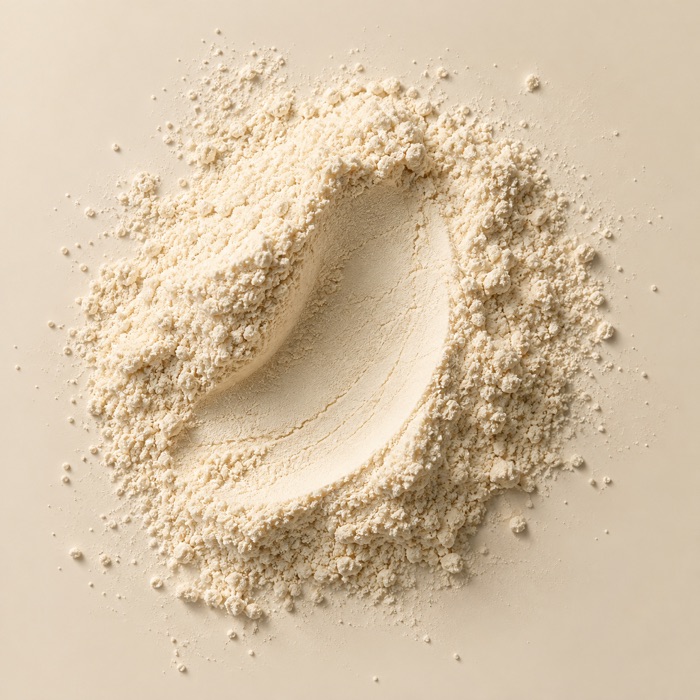 Overhead vanilla protein powder with a sculpted groove on an oat cream surface